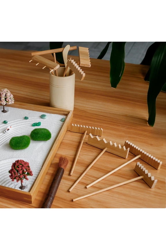 Zen Garden Tools Kit Accessories - Japanese Zen Garden Decor Zen Rake Set Mini Bamboo Rock Sand Garden Rakes Japan Zen Gift w/Healing Stone Bonsai Tree Home Office Yoga Meditation Room Zen Decor