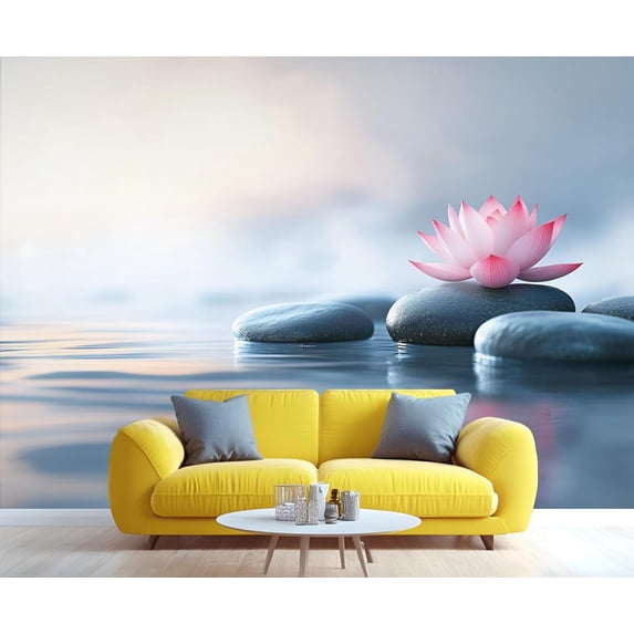 Zen Garden Wall Mural - Water Lily Wall Murals, Basalt Stones Hd Photo For Living Room Bedroom, Zen Mural 118"W x 83"H (Not Peel and Stick)