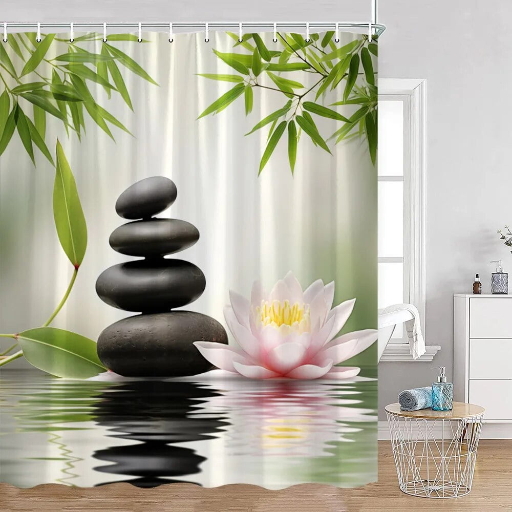 Zen Green Bamboo Shower Curtains Lotus Black Stone Meditation Flowing