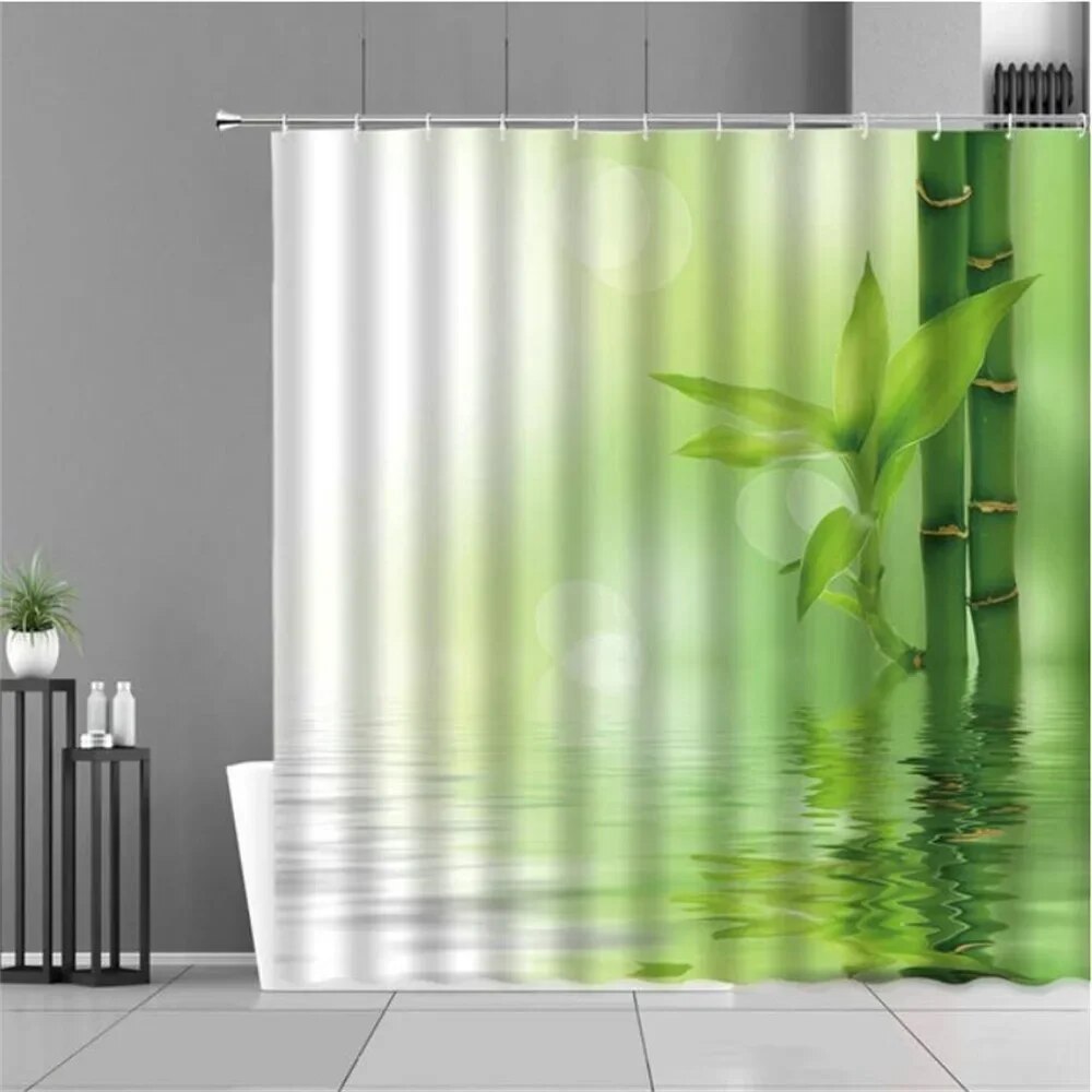 Zen Green Bamboo Shower Curtains Stone Buddha Lotus Candle Asian