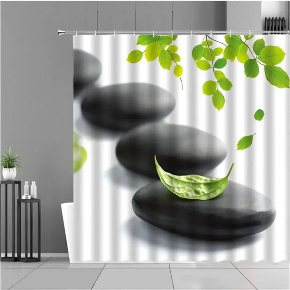 Zen Green Bamboo Shower Curtains Stone Buddha Lotus Candle Asian