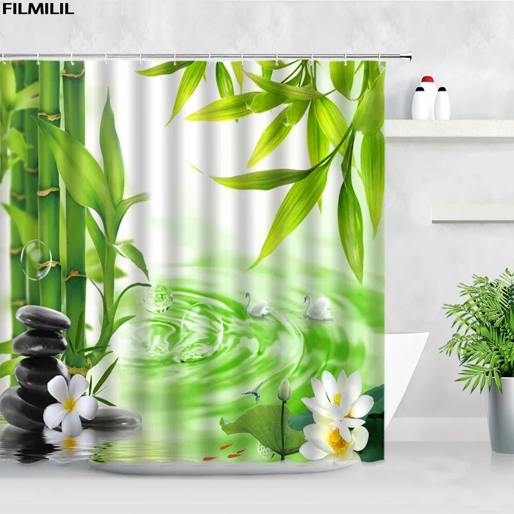 Zen Green Bamboo Shower Curtains Stone Buddha Lotus Candle Asian