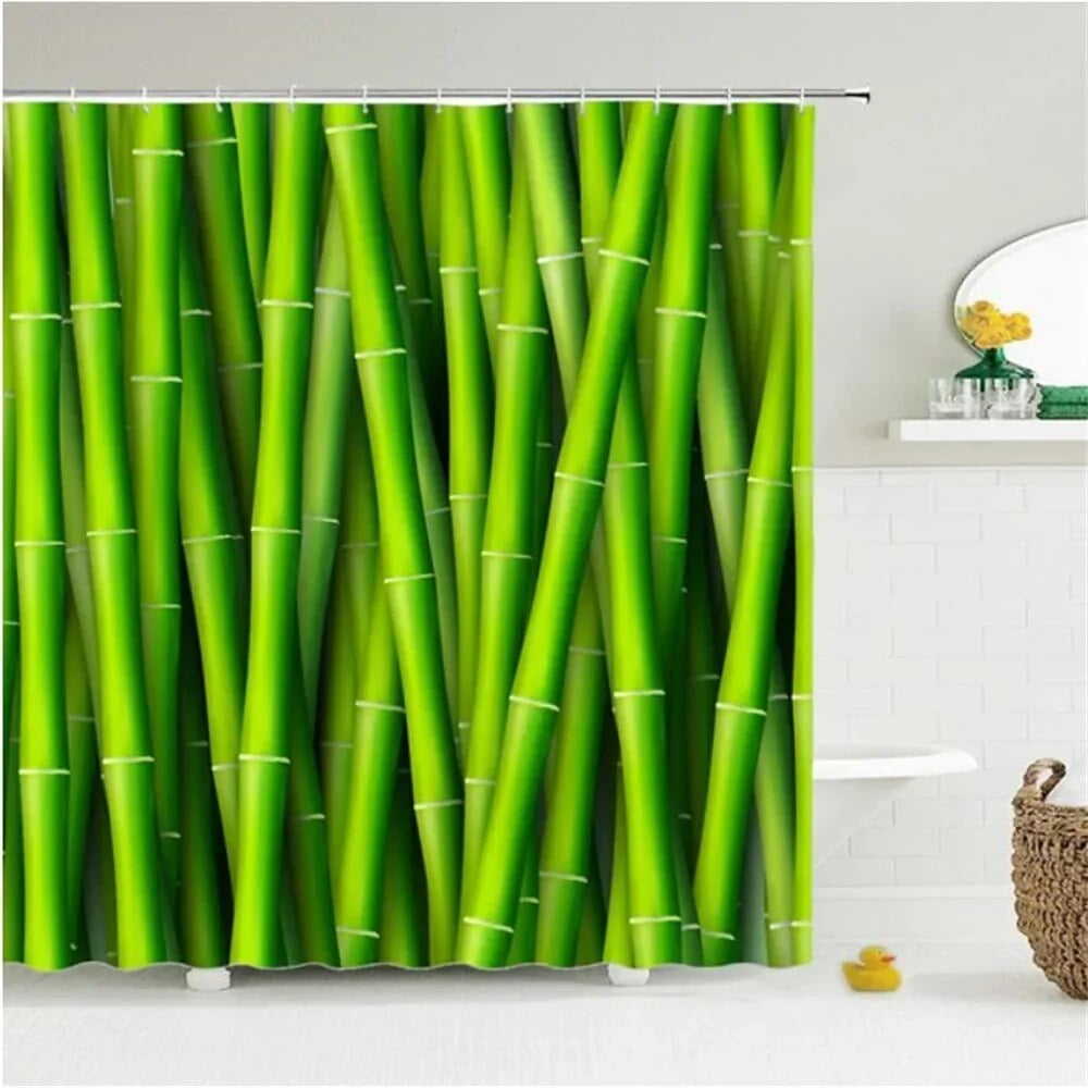 Zen Green Bamboo Shower Curtains Stone Buddha Lotus Candle Asian