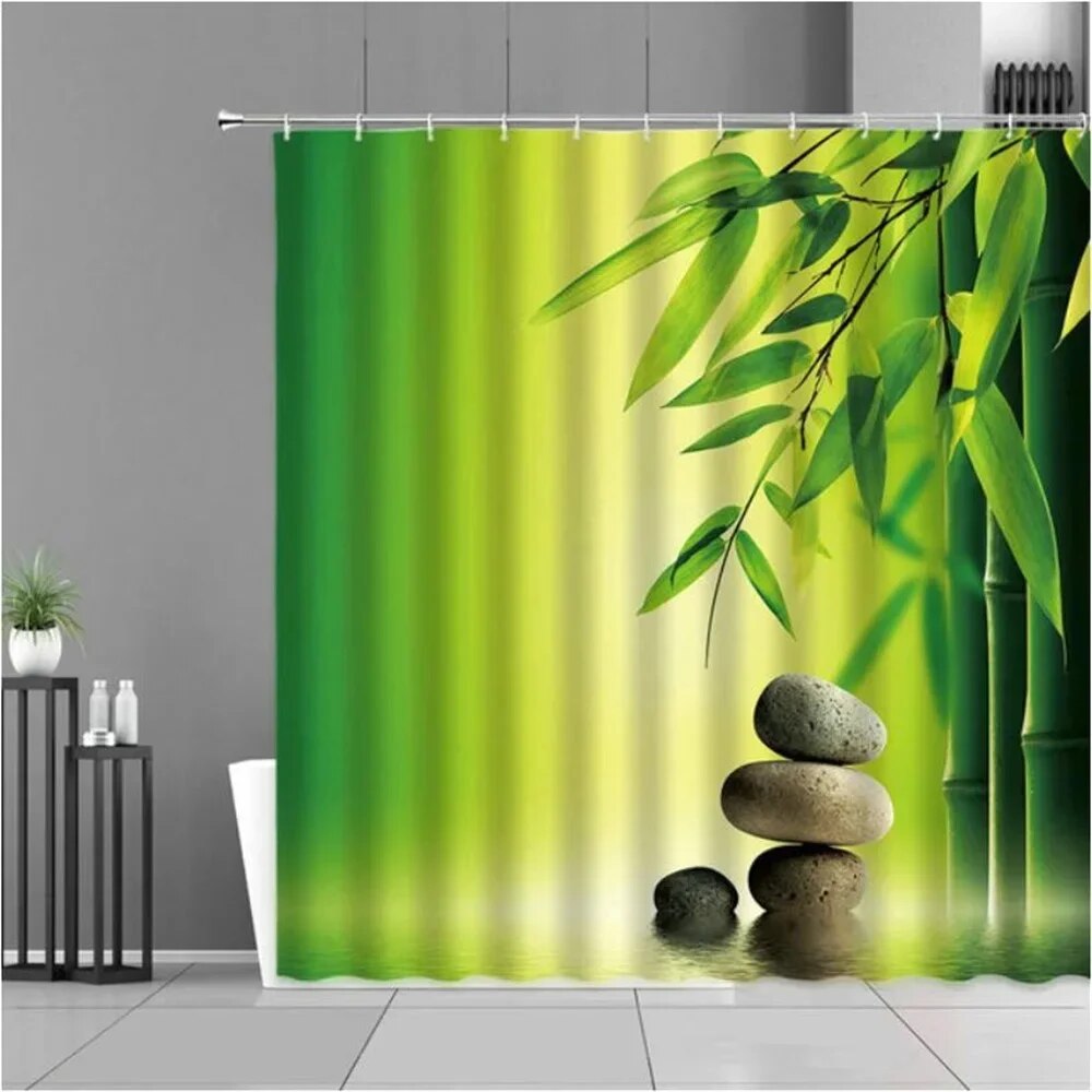 Zen Green Bamboo Shower Curtains Stone Buddha Lotus Candle Asian