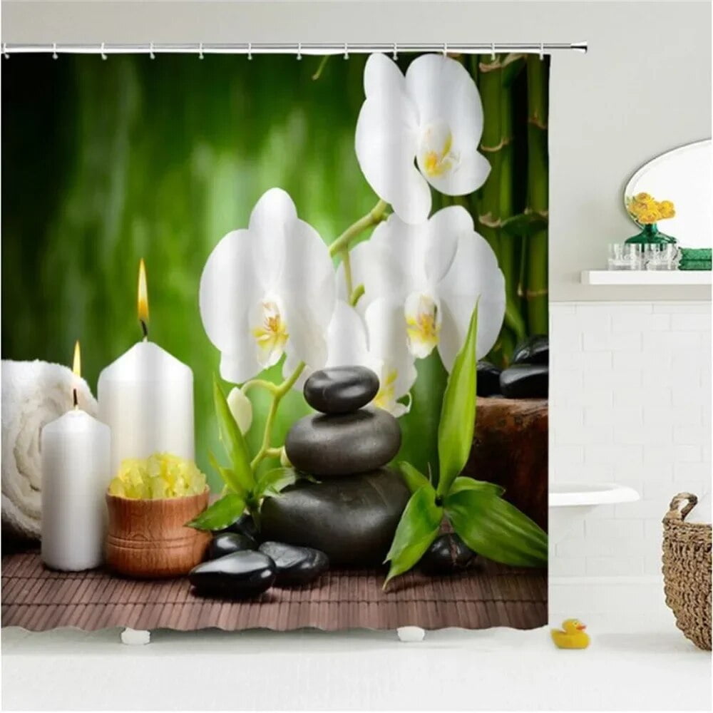Zen Green Bamboo Shower Curtains Stone Buddha Lotus Candle Asian
