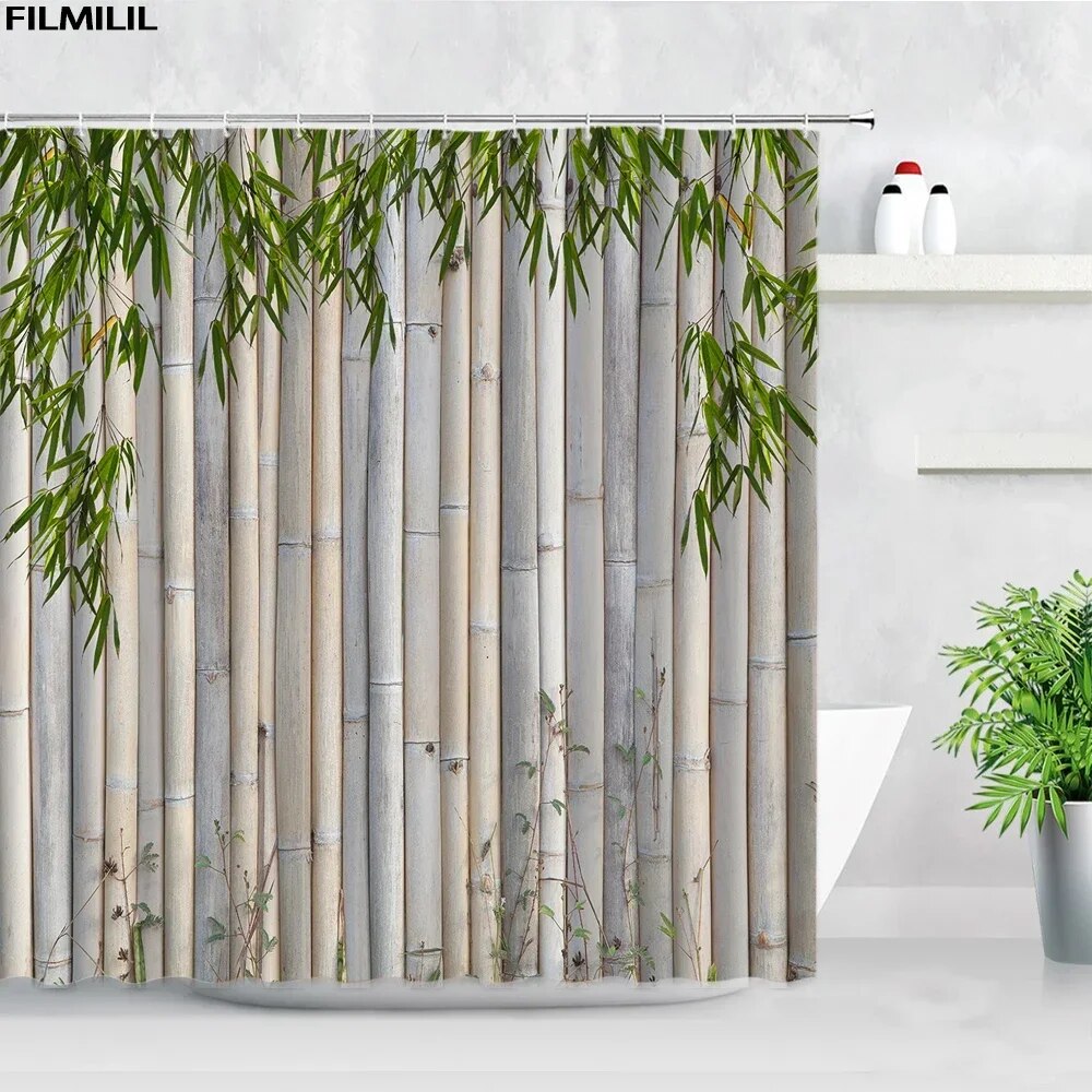 Zen Green Bamboo Shower Curtains Stone Buddha Lotus Candle Asian