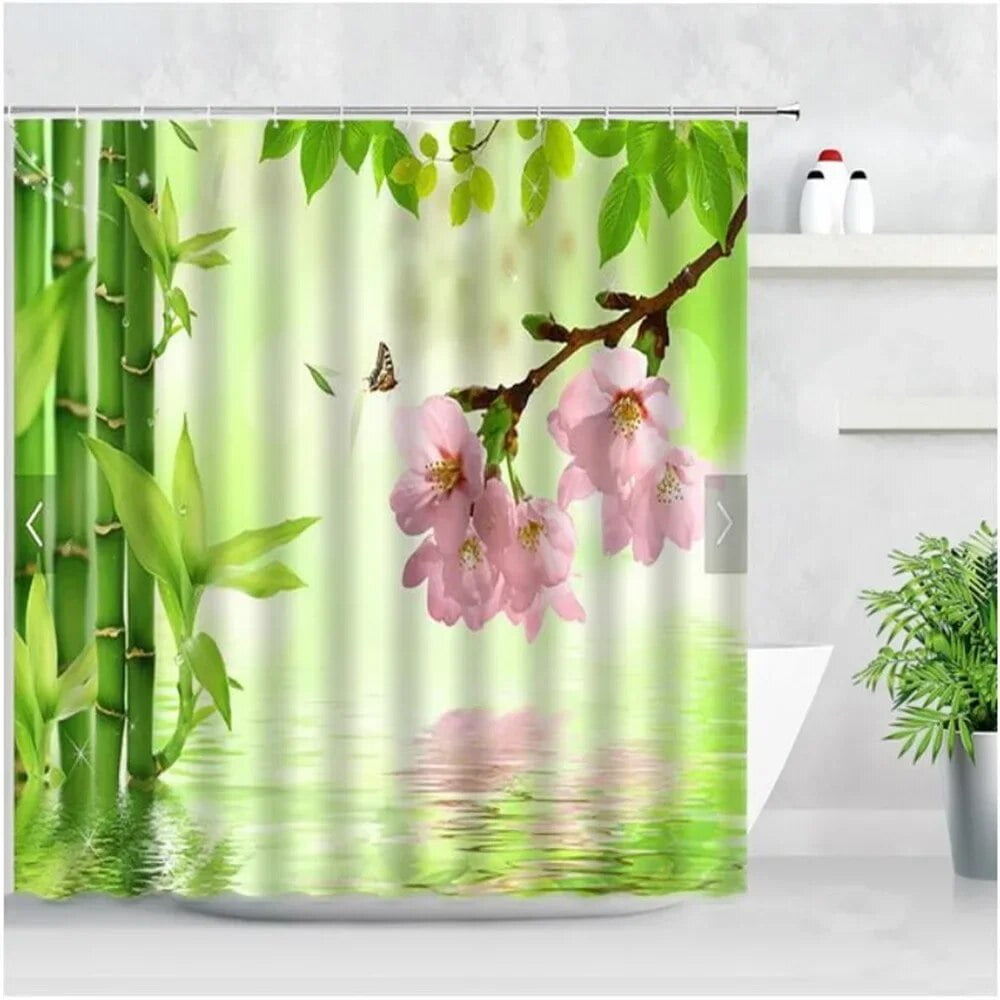 Zen Green Bamboo Shower Curtains Stone Buddha Lotus Candle Asian