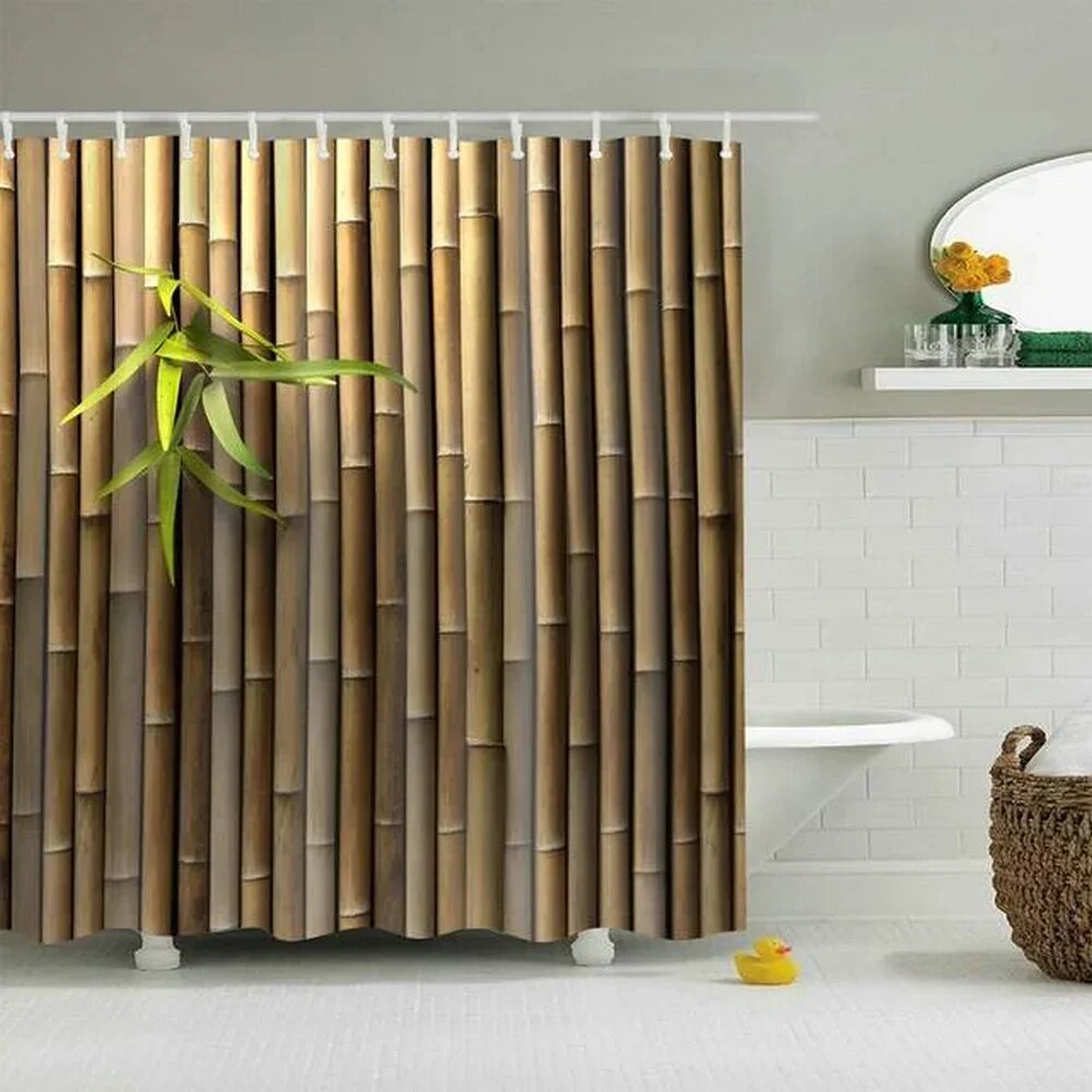 Zen Green Bamboo Shower Curtains Stone Buddha Lotus Candle Asian