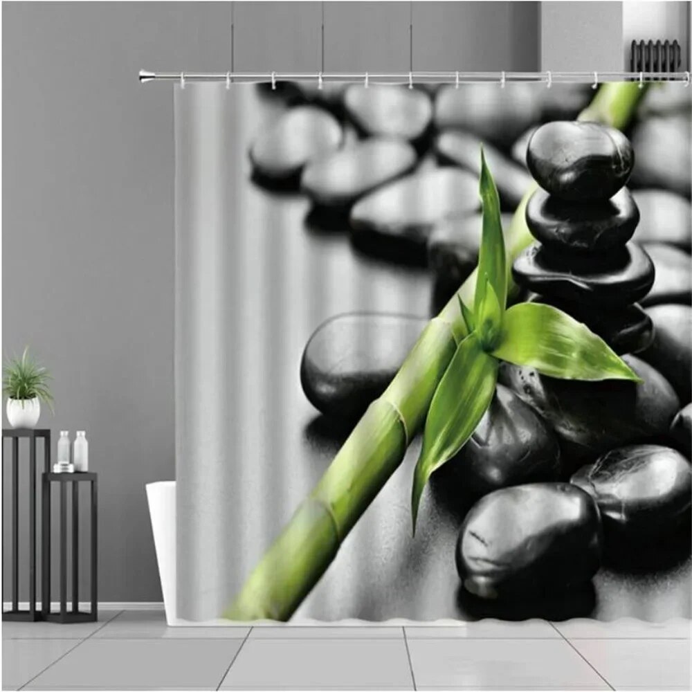 Zen Green Bamboo Shower Curtains Stone Buddha Lotus Candle Asian