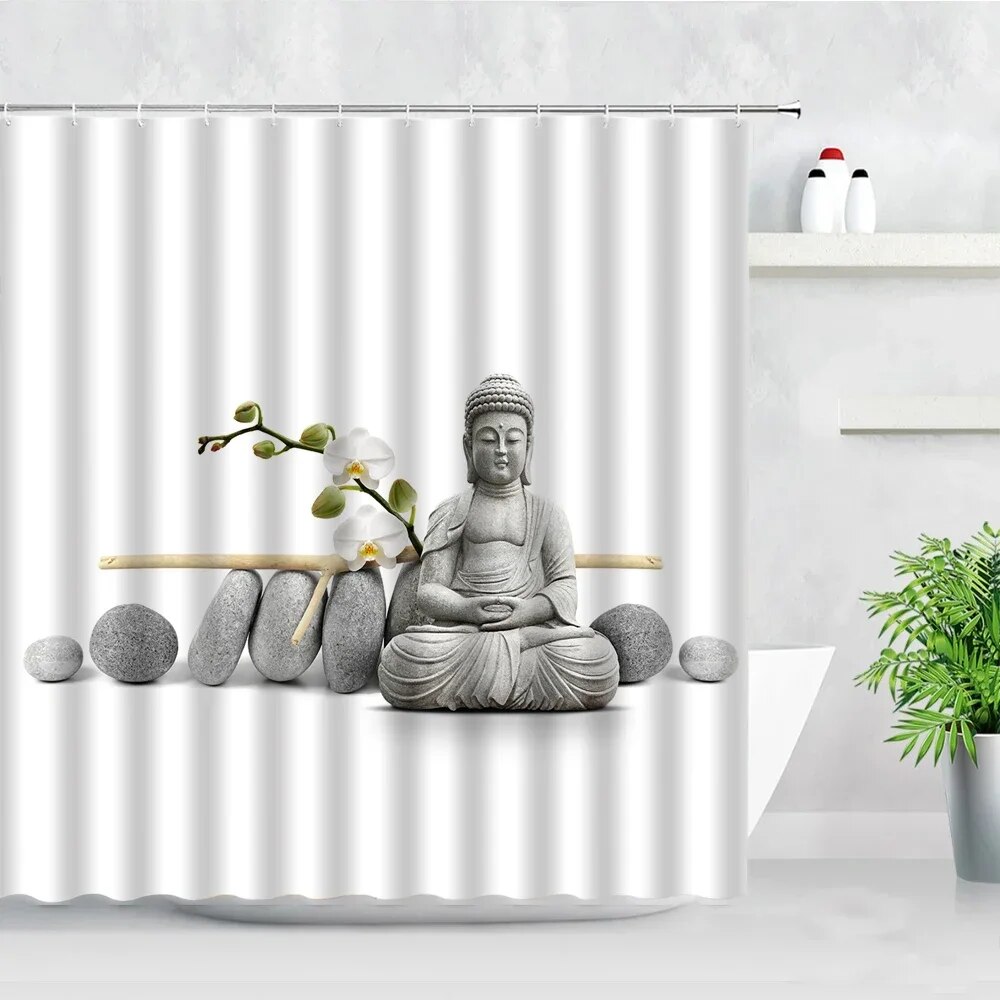 Zen Green Bamboo Shower Curtains Stone Buddha Lotus Candle Asian