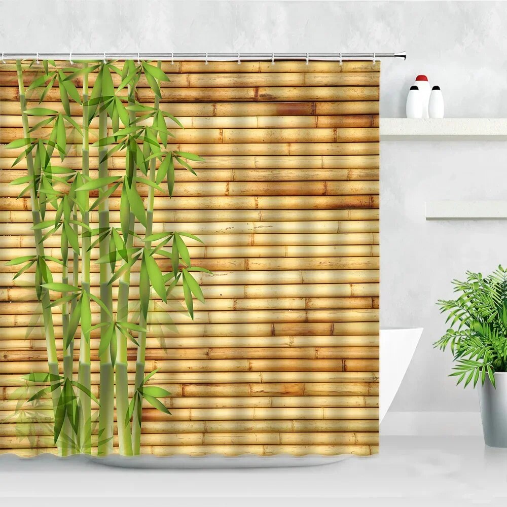 Zen Green Bamboo Shower Curtains Stone Buddha Lotus Candle Asian