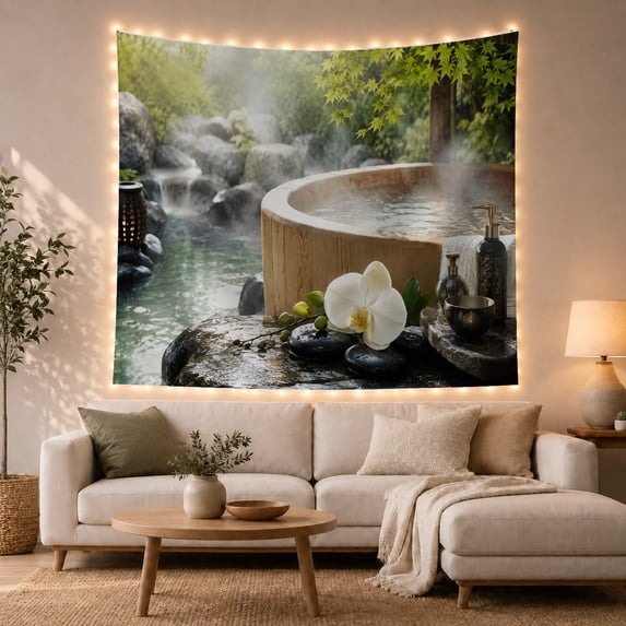 Zen Hot Spring Misty Forest Waterfall Serene Japanese Inspired for Meditation Enthusiasts Meditation Space Decor Housewarming Gift Tapestry Wall Hanging for Bedroom, Living Room and Dorm