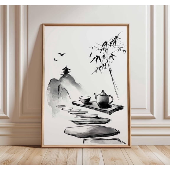 Zen Ink Art Japanese Tea Ceremony Pagoda Bamboo Asian Wall Art, Unframed Poster