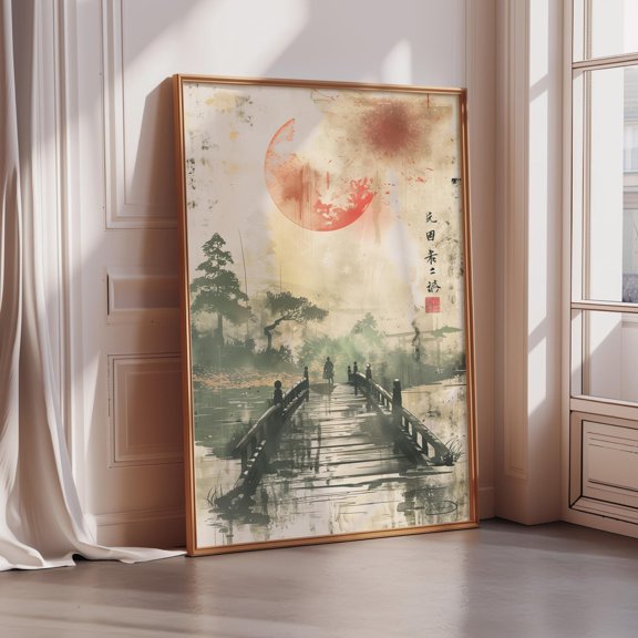 Zen Japanese Bridge Red Sun Landscape Sumi E Poster , Poster Print Only