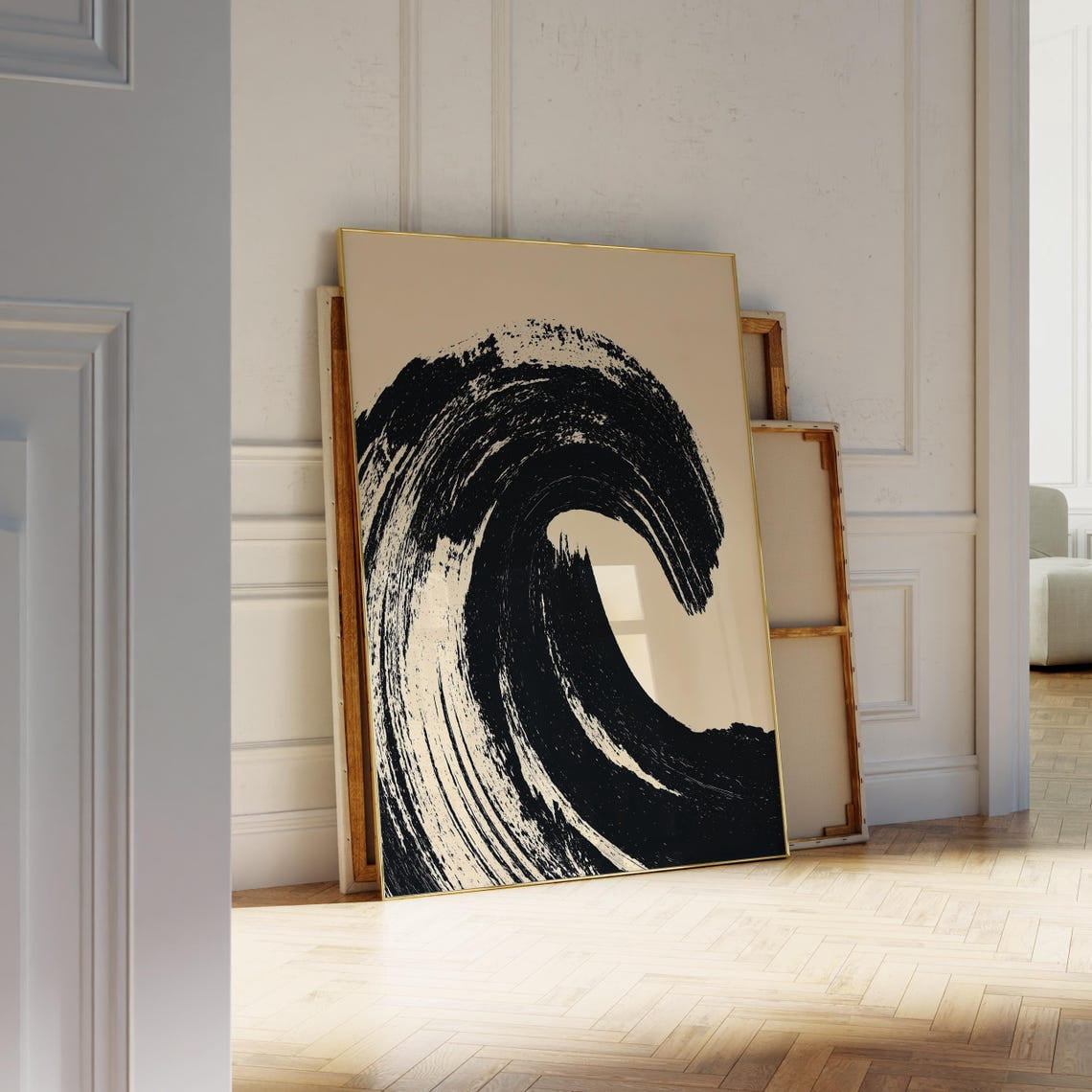 Zen Japanese Brushstroke Wave Abstract Wall Art, Unframed Canvas