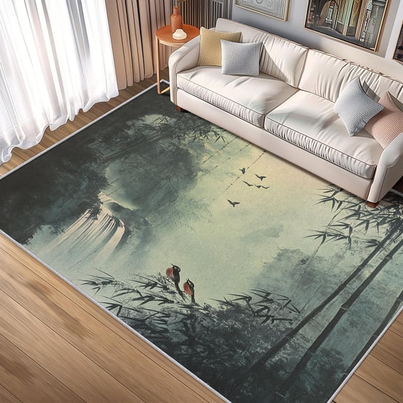 Zen Japanese Landscape Area Rugs, Bird Nature Carpet, Washable Non Slip Low Pile Soft Rug for Bedroom Living Room Decor Mat 5x8ft