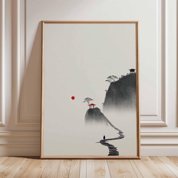Zen Japanese Landscape Wall Art Print, Minimalist Asian Poster, Wabi Sabi Mountain Decor, Unframed Paper Poster 8x10in