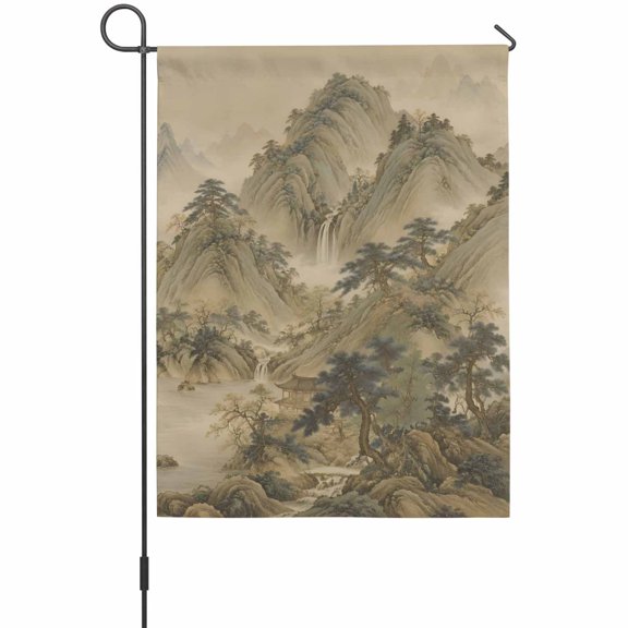 Zen Landscape Garden Flag 12 x 18 Inches, Vintage Oriental Mountain Pine Tree River Tan Weather Proof Outdoor Patio Flags Double Sided Small Garden Decoration for Yard Outside Home