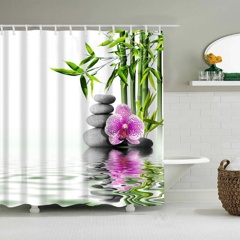 Zen Landscape Stone Bamboo Shower Curtain Waterproof Polyester Bathroom