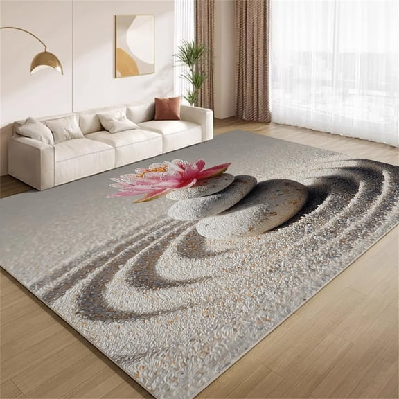 Zen Lotus Area Rugs, Pebble Lotus Flowers Eastern Zen Yoga Carpet, Washable Non Slip Low Pile Soft Rug for Living Room Bedroom Decor Mat 5ftx7ft