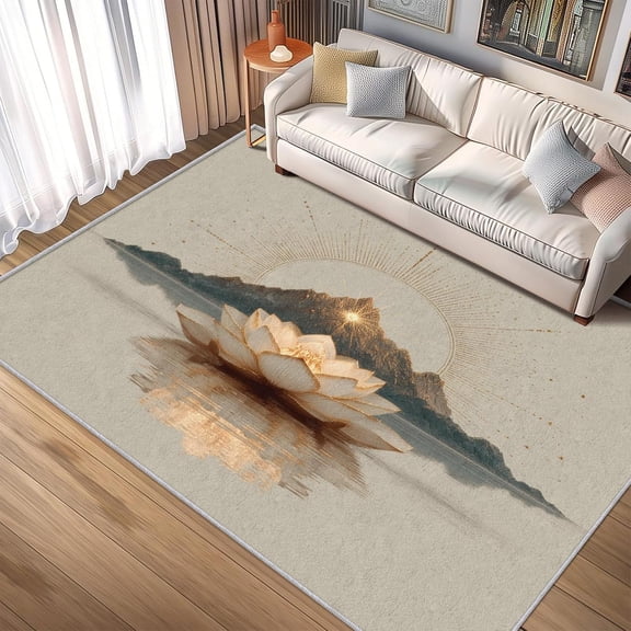Zen Lotus Flower Sun Mountain Area Rug, Minimalist Design Carpet, Washable Non Slip Soft Low Pile, Living Room Bedroom Kitchen Office Mat 2x3ft