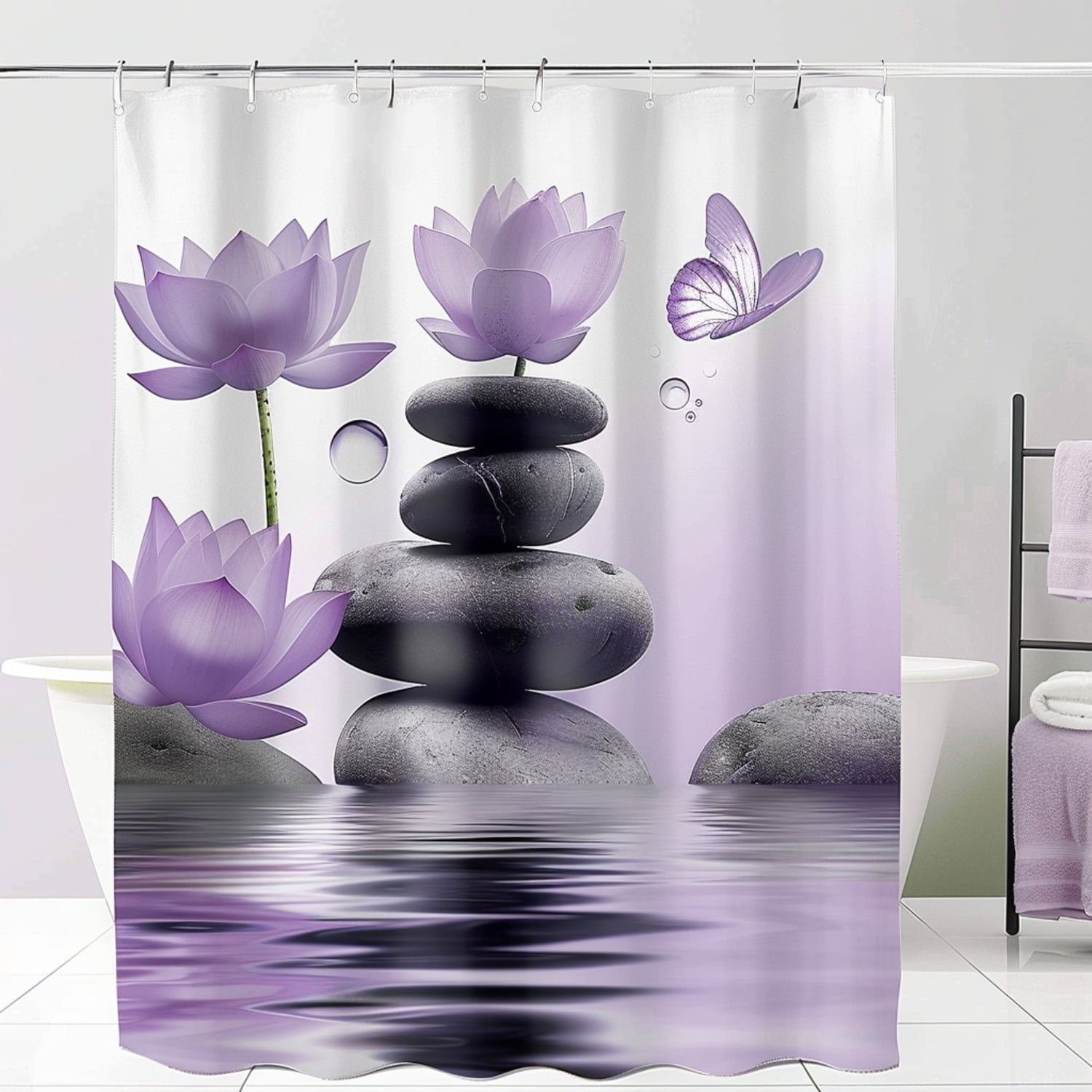 Zen Lotus Flower and Butterfly 3D Shower Curtain Modern Zen Bathroom