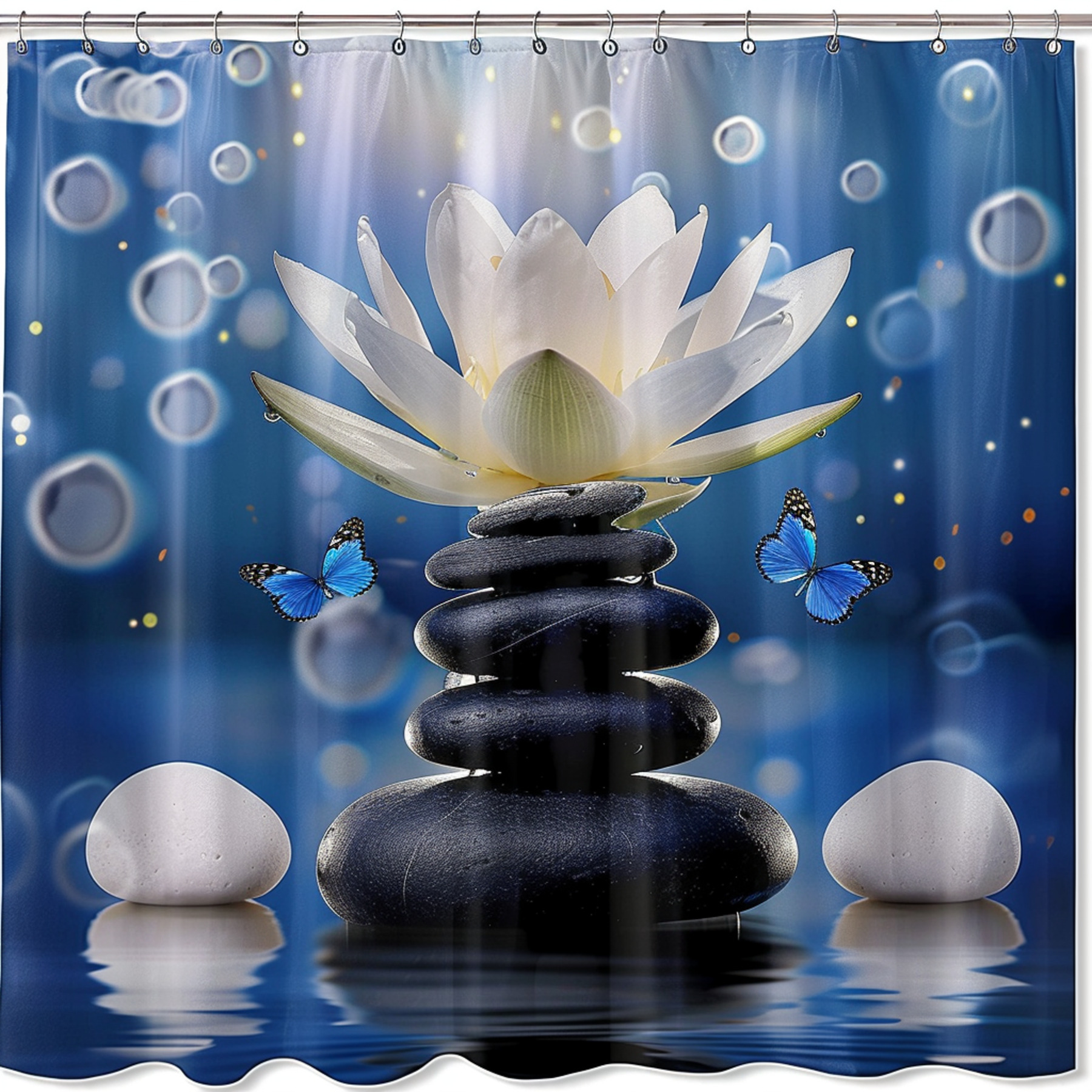 Zen Lotus Flower and Butterfly Print Shower Curtain with Blue