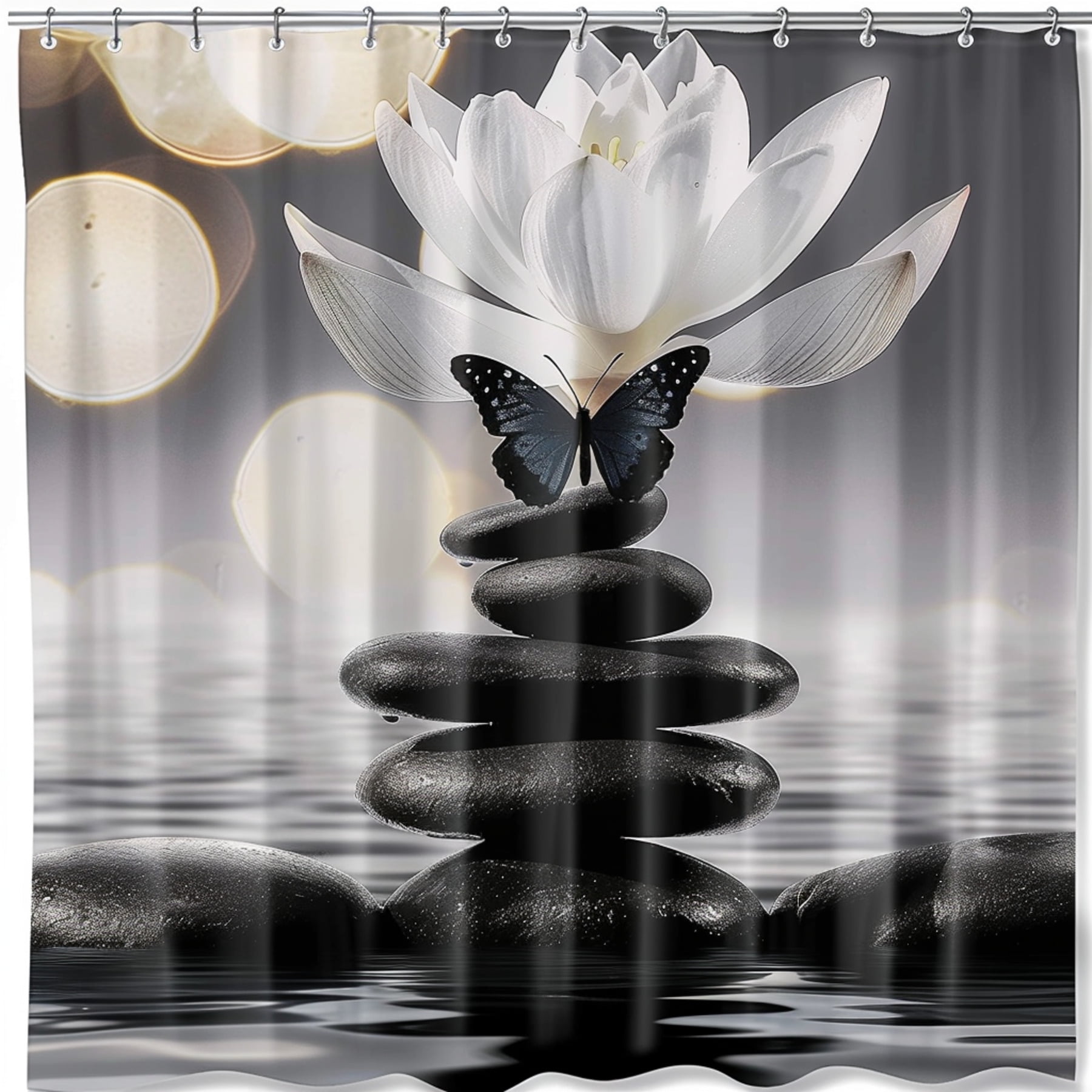 Zen Lotus Flower and Butterfly Shower Curtain with Stacked Stones Black