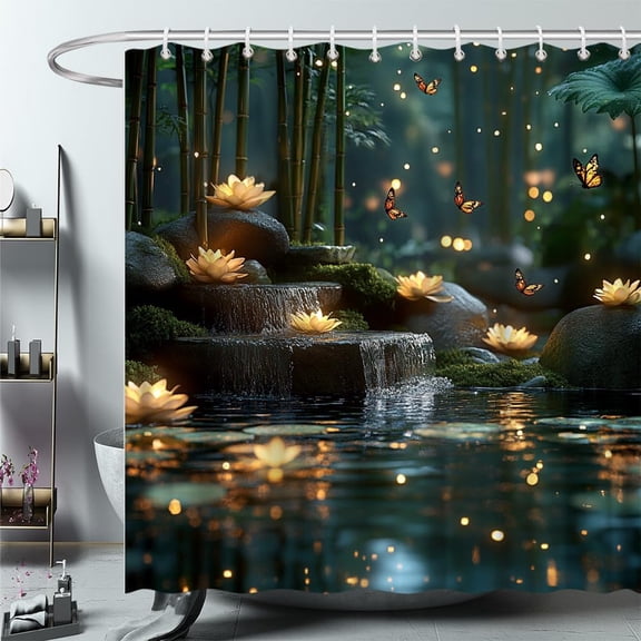 Zen Lotus Shower Curtain Dreamy Bamboo Forest Butterfly Stone Waterfall Spring Natural Scene Bathroom Polyester Curtains Set with Hooks-36"W x 72"L (Pack of 1)