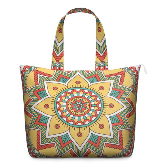 Zen Mala Art Duffel Abstract Trippy Meditation Tote with Healing Ornament Pattern, Psychedelic Relaxation Inspired Weekender