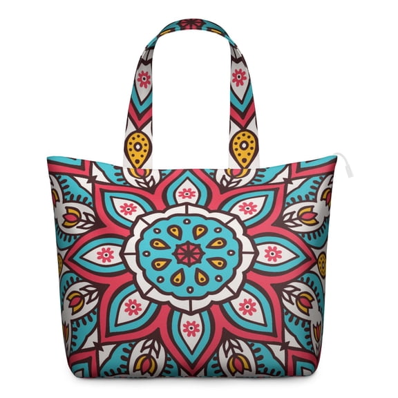 Zen Mala Art Duffel Abstract Trippy Meditation Tote with Healing Ornament Pattern, Psychedelic Relaxation Inspired Weekender