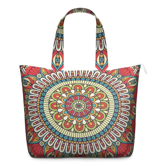 Zen Mala Art Duffel Abstract Trippy Meditation Tote with Healing Ornament Pattern, Psychedelic Relaxation Inspired Weekender