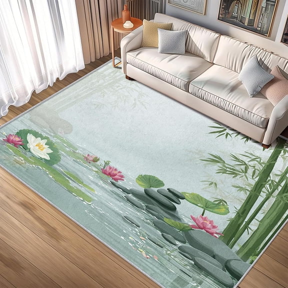 Zen Meditation Area Rugs, Bamboo Stone Lotus Carpet, Washable Non Slip Low Pile Soft Rug for Entryway Bedroom Decor Mat 5ftx8ft