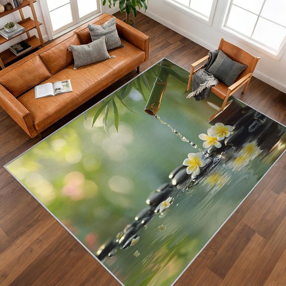 Zen Meditation Area Rugs, Gray Stone Green Bamboo Spa Pattern Carpet, Washable Non Slip Low Pile Soft Rug for Living Room Bedroom Decor Mat 5x8ft