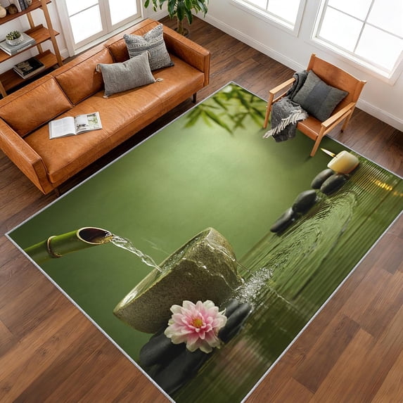 Green Solid Pattern Rug Zen Meditation Area Rugs, Green Bamboo Stone Spa Pattern Carpet ...