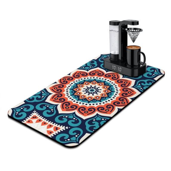 Zen Meditation Coffee Station Mat - Absorbent Countertop Protector with Traditional Sacred Motif