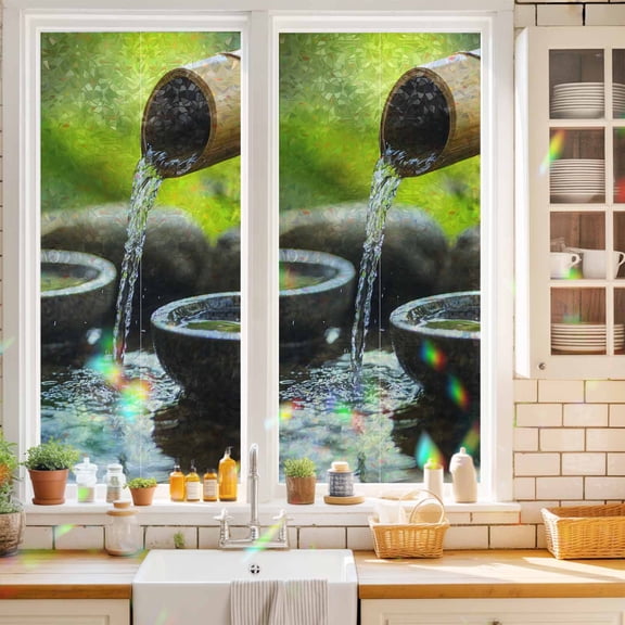 Zen Meditation Lake Water Window Privacy Film,Decorative Windows Static Cling Natural Landscape Heat Control Removable Glass Sticker for Home Bathroom Bedroom Window Door,17.7x39.3in