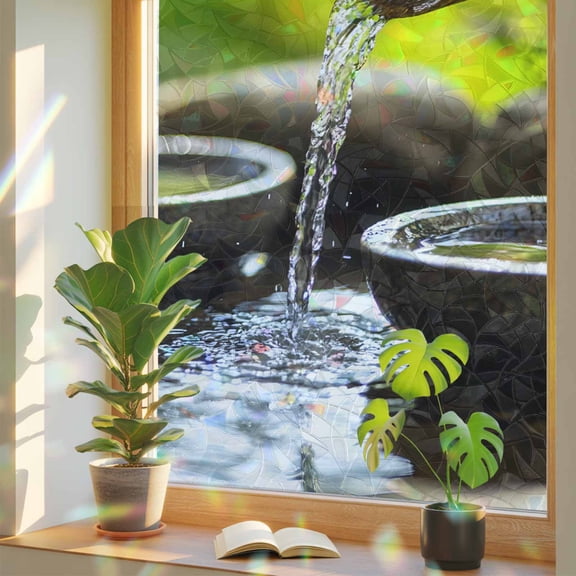 Zen Meditation Lake Water Window Privacy Film, Rainbow Film Decorative Window Sticker 17.7x39.3in, Natural Landscape Sun Blocking Static Stained Glass Cling Tint Non-Adhesive