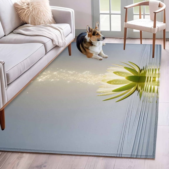 Zen Meditation Lotus Floral Area Rugs 3'x5', Washable Small Throw Rugs for Living Room Bedroom, Green Floral Modern Art Indoor Outdoor Rug Non-Slip Low Pile Carpet Runner Reversible Floor Mats