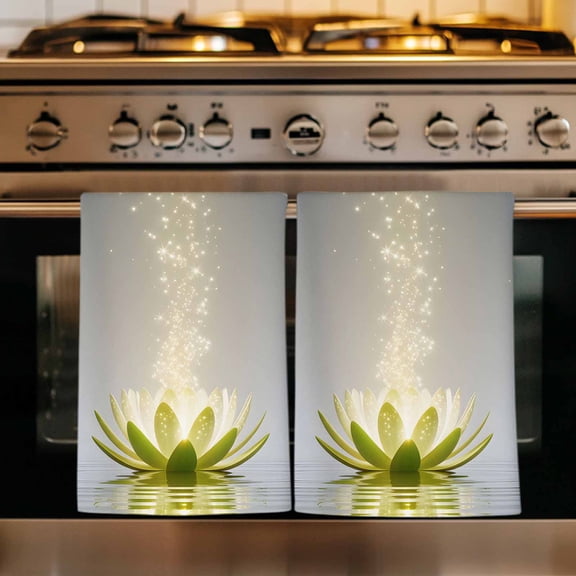 Zen Meditation Lotus Floral Kitchen Towels Set of 1, Green Floral Modern Art Absorbent Dish Towels for Kitchen, Microfiber Hand Towel, Quick Drying Tea Towel for Cleaning Decorative Dishcloths