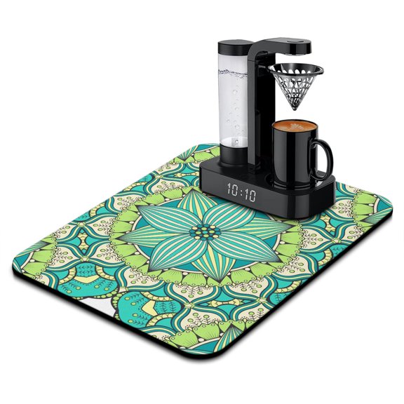 Zen Meditation Mandala Dish Drying Mat, Mystic Ethnic Mandala Absorbent Coffee Bar Mat, Boho Chic Kitchen Counter Protector