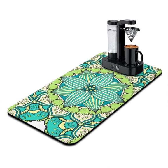Zen Meditation Mandala Dish Drying Mat, Mystic Ethnic Mandala Absorbent Coffee Bar Mat, Boho Chic Kitchen Counter Protector
