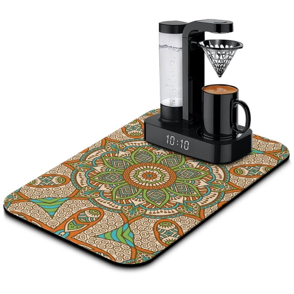 Zen Meditation Mandala Dish Drying Mat, Mystic Ethnic Mandala Absorbent Coffee Bar Mat, Boho Chic Kitchen Counter Protector