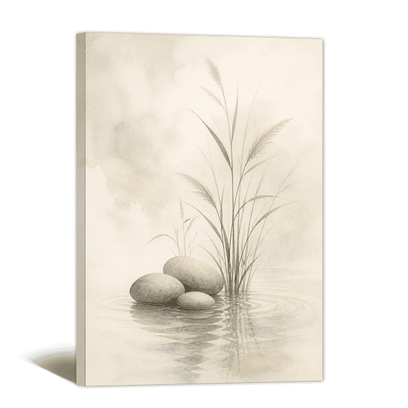 Zen Meditation Mood Canvas Wall Art Water Reed Stone Scene Print, Ink Brush Drawing Artwork Peaceful Meditation Painting for Living Room Bedroom Home Office Decor