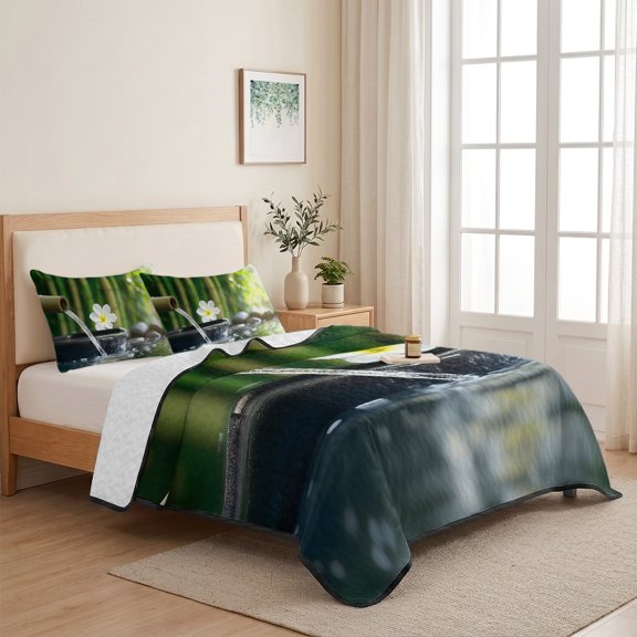 Zen Meditation Plumeria Flower 3 Pieces Quilt Set,1 Quilt with 2 Shams,Flowing Water Forest Bedspread Soft Lightweight Bedding Coverlet Comforter Set for All Season 68"x98"