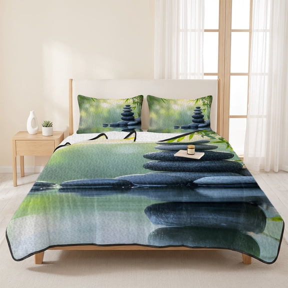 Zen Meditation Stone Lake 3 Pieces Quilt Set,1 Quilt with 2 Shams,Nature Landscape Still Life Bedspread Soft Lightweight Bedding Coverlet Comforter Set for All Season 96"x106"