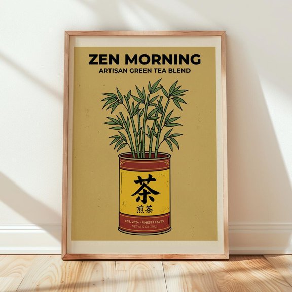 Zen Morning Green Tea Print — Retro Bamboo Botanical Poster Artisan Tea Blend Decor Kitchen Wall Art Green Aesthetic Poster Art 231