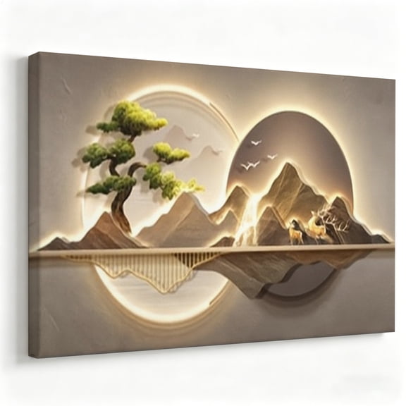 "Zen Mountain Harmony" 3D Backlit Wall Sculptural Decor, Modern LED Landscape Art, Embossed Bonsai Tree & Deer Silhouette Wall Hanging 12*16