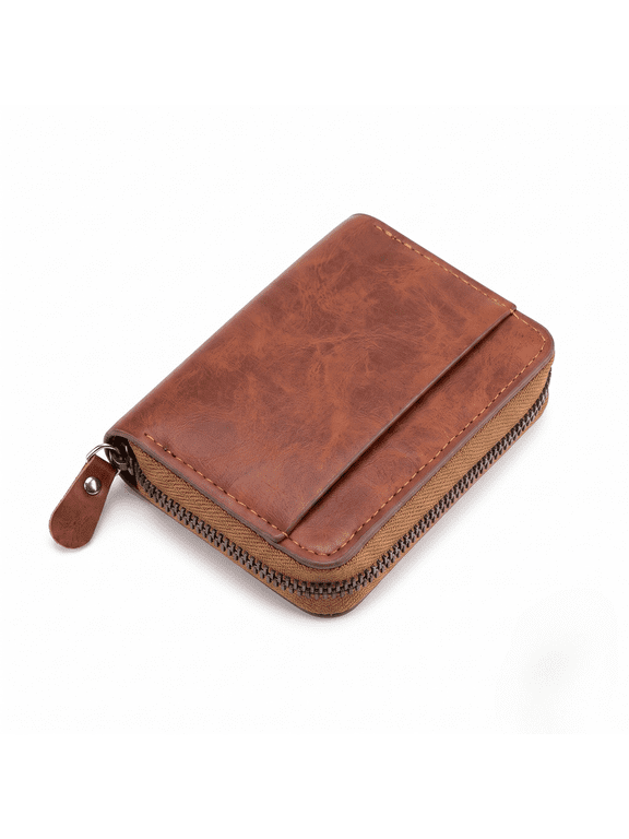 - Mens Genuine Leather Zip Wallet Compact Bifold Design with Coin Pocket & Card Slots