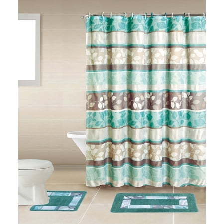 Zen Non-Slip Bath Mats and Fabric Shower Curtain Set, 17” x 28” Anti-Slip Backing, 15 Count